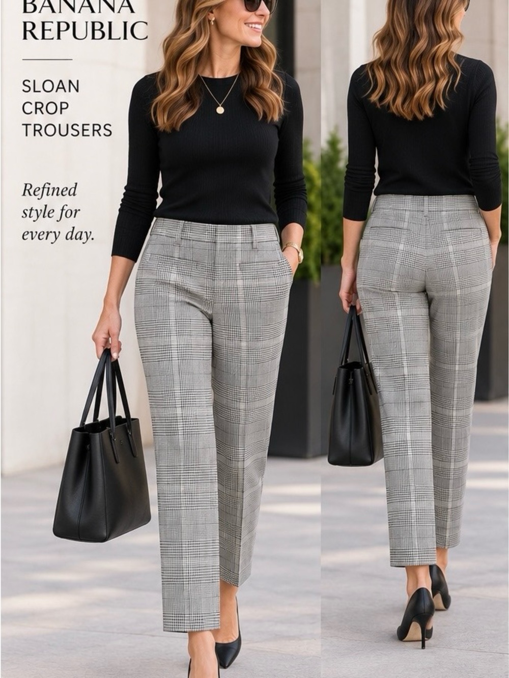 Banana Republic Sloan stretch Crop Trousers - Black & Gray Glen Plaid 6